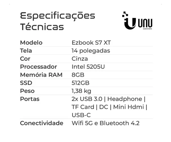 Notebook UNU Ezbook S7 XT Tela 14 " 8Gb Ram 512Gb Intel 5205U