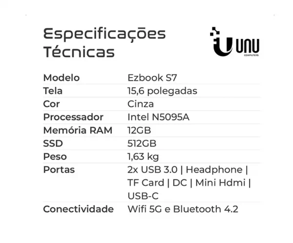 7 EZBOOK S7 Notebook UNU EZBook S7 Tela 15.6" RAM 16Gb SSD 256Gb Processador Intel N95