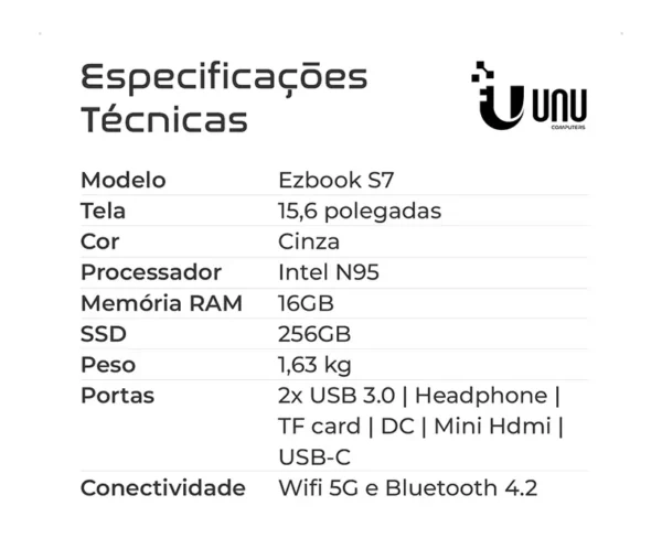 7 EZBOOK S7 Notebook UNU EZBook S7 HI Tela 15.6" RAM 12Gb SSD 640Gb Intel 5302U