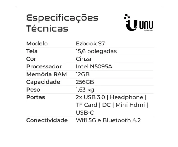 7 EZBOOK S7 Notebook UNU EZBook S7 Tela 15.6" RAM 12Gb SSD 512Gb Processador Intel N5095