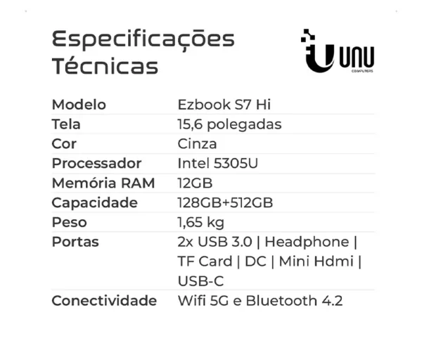 Notebook UNU EZBook S7 15.6" RAM 12Gb SSD 256Gb Intel N5095A