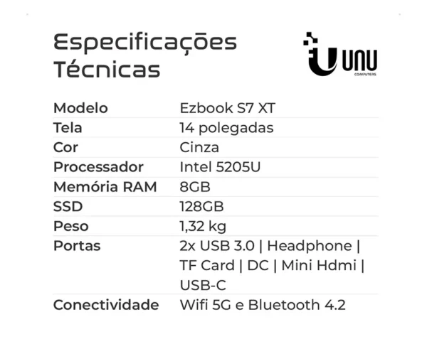 7 EZBOOK S7 XT 128GB Notebook UNU Ezbook S7 XT Tela 14" 8Gb Ram 128Gb Intel 5205U
