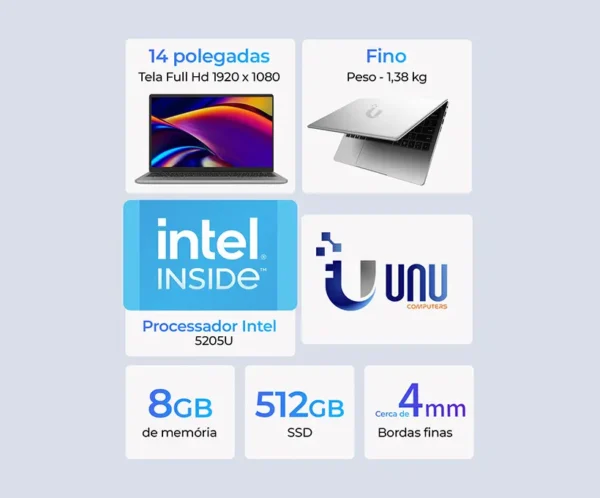 Notebook UNU Ezbook S7 XT Tela 14 " 8Gb Ram 512Gb Intel 5205U