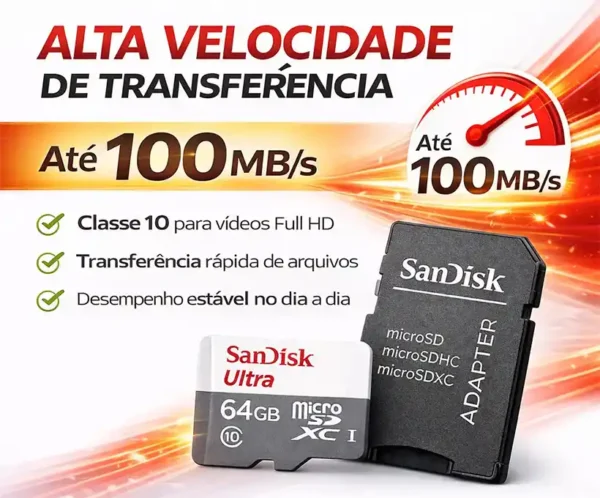 Cartão De Memória Sandisk Micro Sd 64gb Classe 10 Alta Velocidade 100mbs P/ Celular Câmera Drone Console
