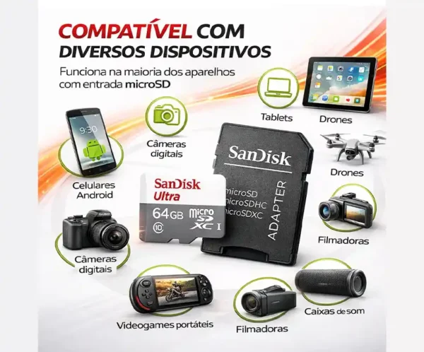 Cartão De Memória Sandisk Micro Sd 64gb Classe 10 Alta Velocidade 100mbs P/ Celular Câmera Drone Console