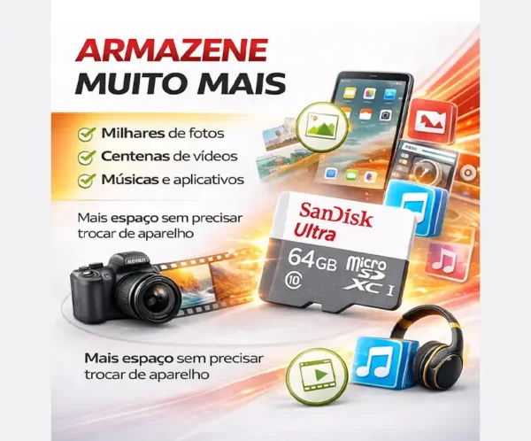 Cartão De Memória Sandisk Micro Sd 64gb Classe 10 Alta Velocidade 100mbs P/ Celular Câmera Drone Console