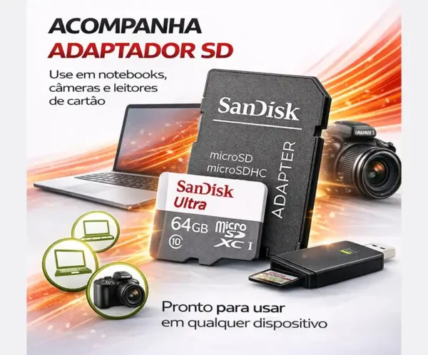 Cartão De Memória Sandisk Micro Sd 64gb Classe 10 Alta Velocidade 100mbs P/ Celular Câmera Drone Console