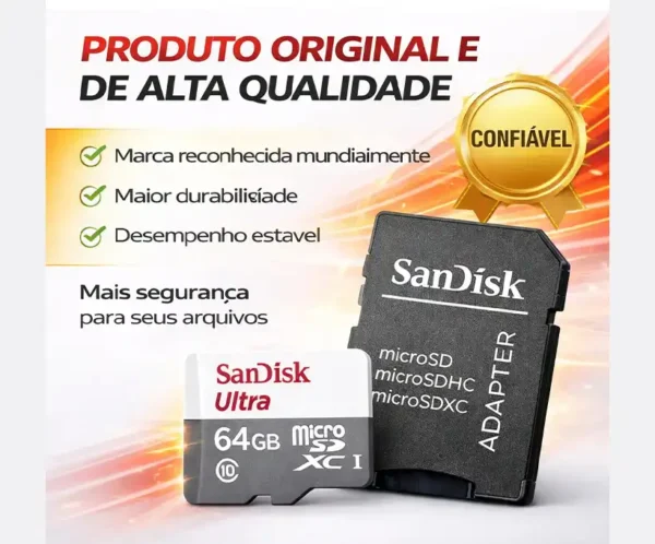 Cartão De Memória Sandisk Micro Sd 64gb Classe 10 Alta Velocidade 100mbs P/ Celular Câmera Drone Console